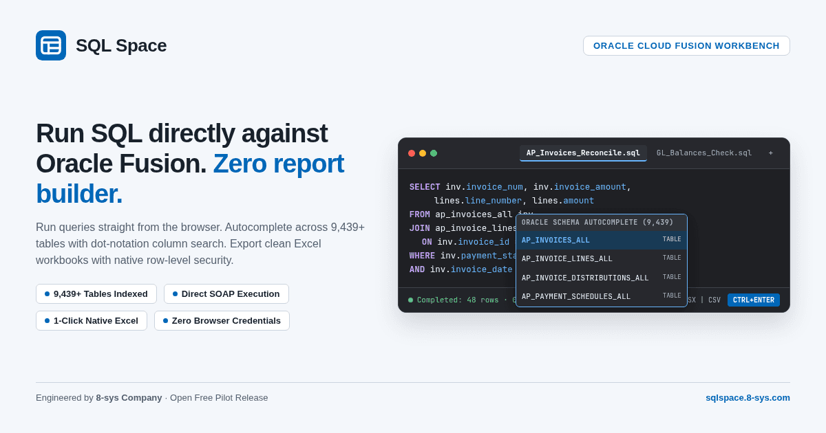Run SQL directly against Oracle Cloud Fusion. Zero report builder required.